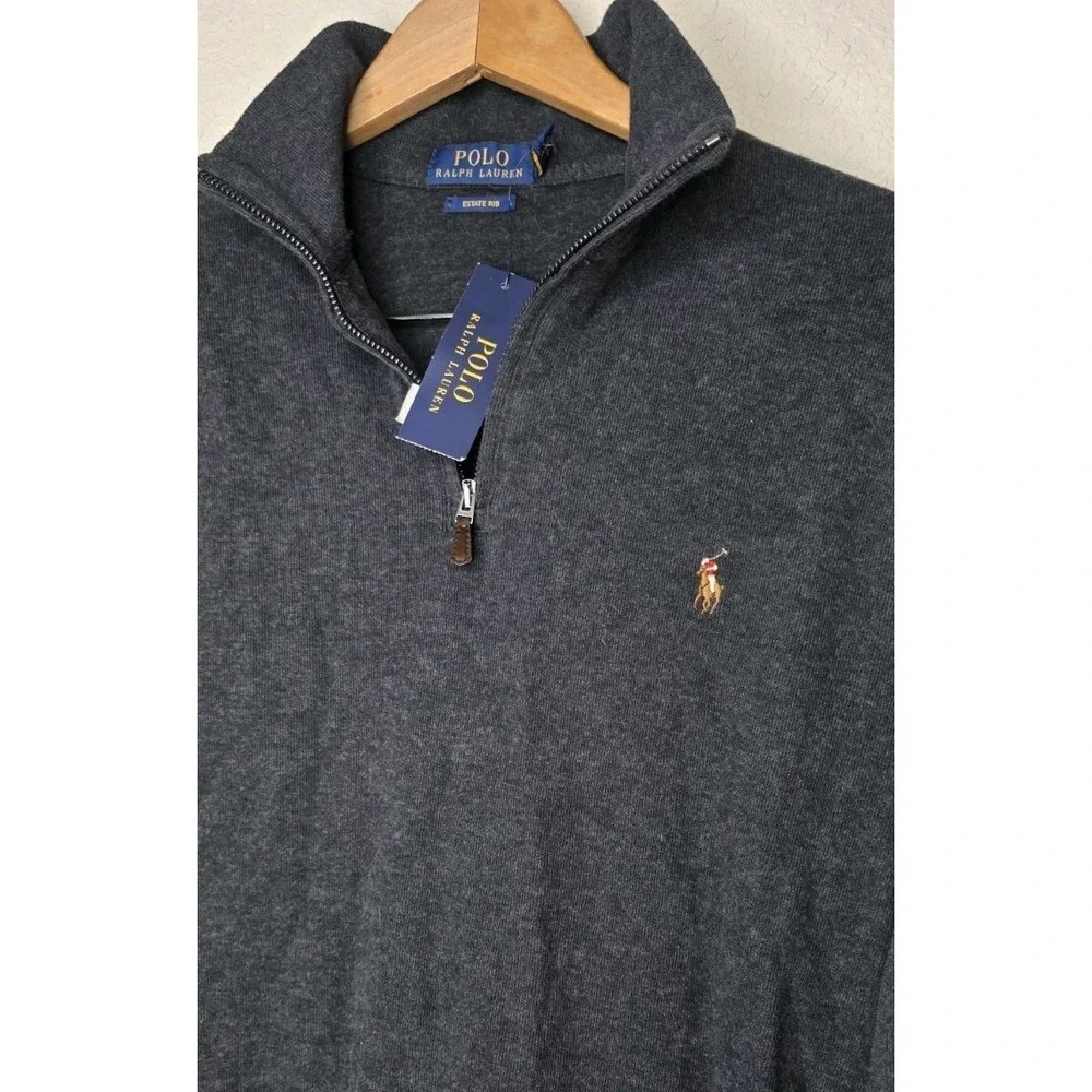 New Polo Ralph Lauren Mens Sweater Pullover Gray Pony Estate-Rib Quarter-Zip Lrg